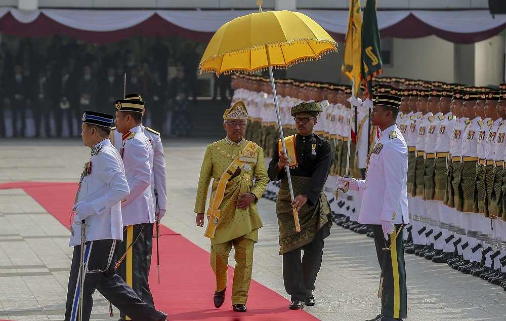 Agong at the  opening of the second session of the 14th Parliament